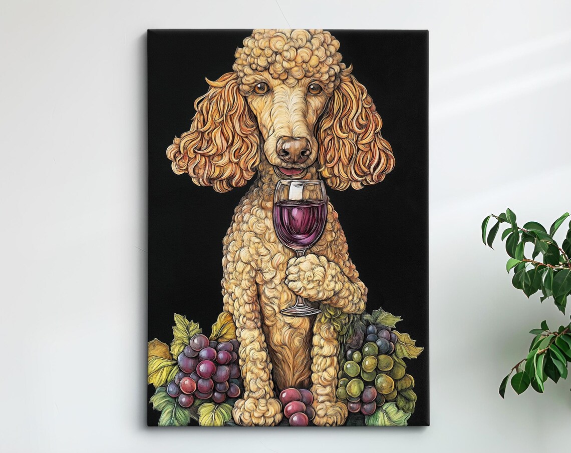 Poodle Dog Holding Red Wine Glass Grape Vineyard Elegant Art Poster