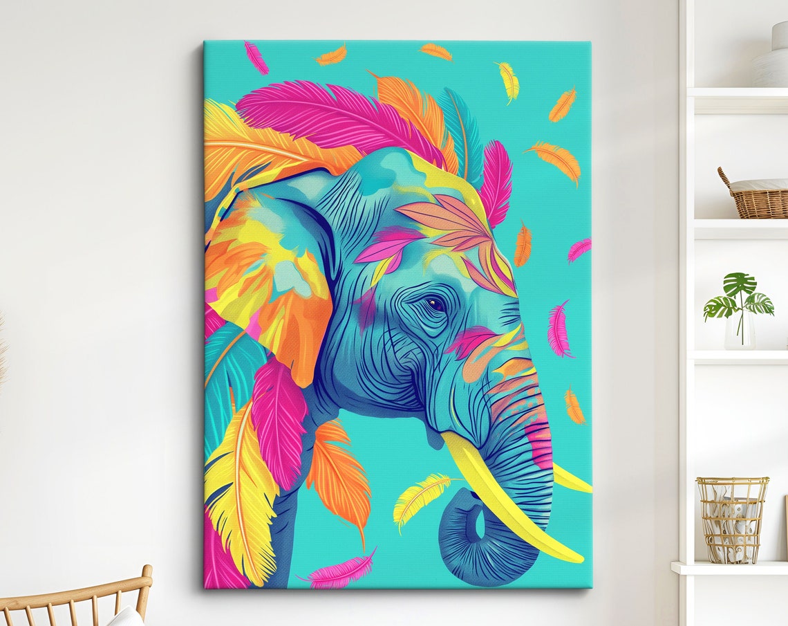 Elephant Head Portrait With Rainbow Feathers Turquoise Art Poster