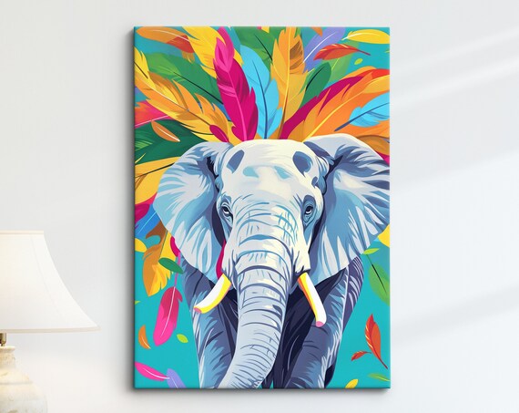 Elephant Front Portrait With Colorful Feathers Turquoise Art Poster