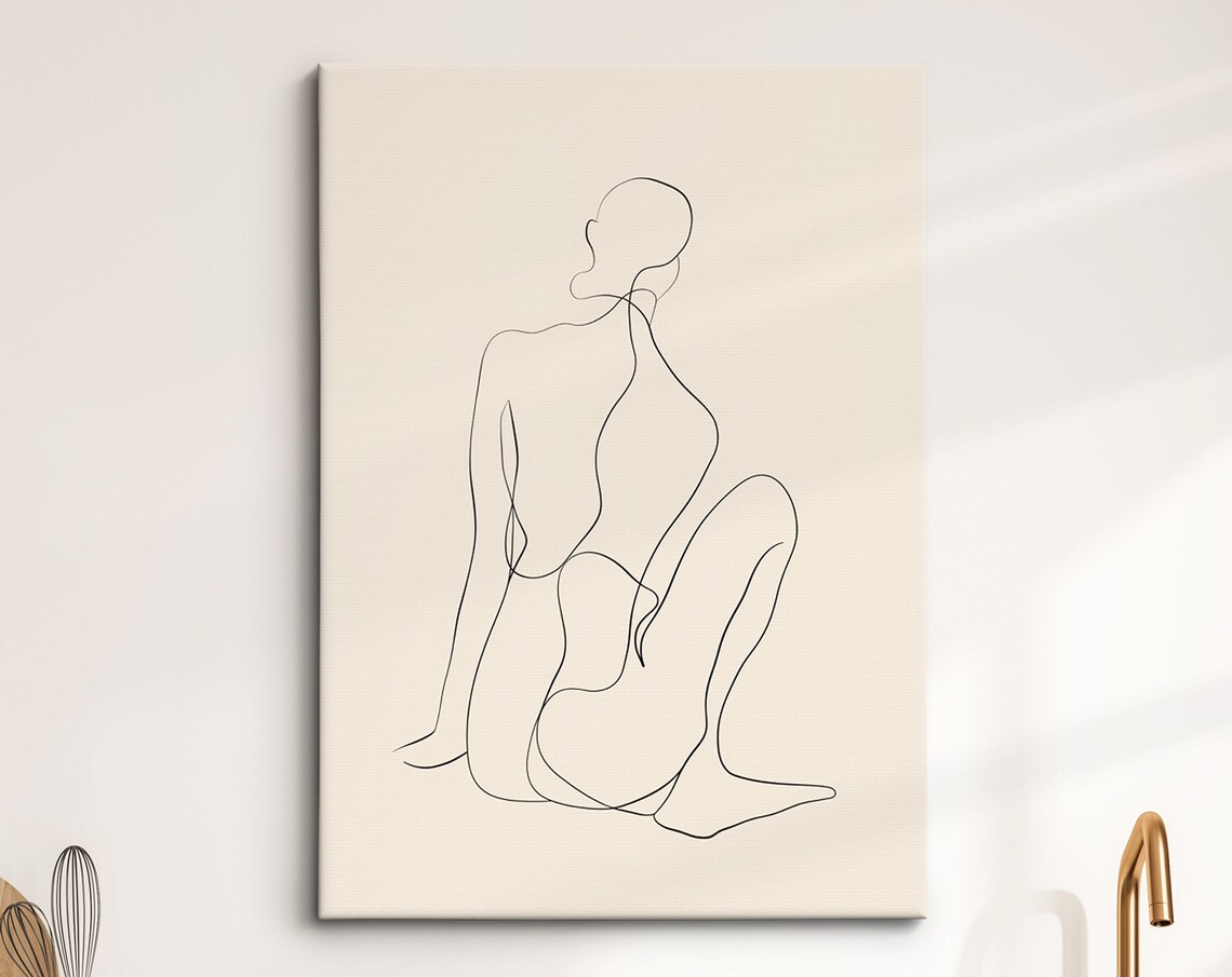 Minimalist Seated Woman Single Line Art Beige Figure Wall Poster