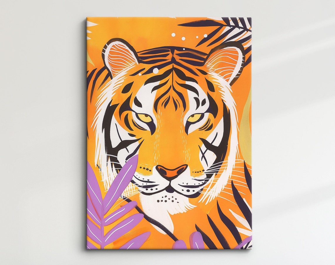 Bold Tiger Art Jungle Safari Wall Decor Vibrant Animal Print Modern Wildlife Home Decoration Orange And Purple Tropical Art
