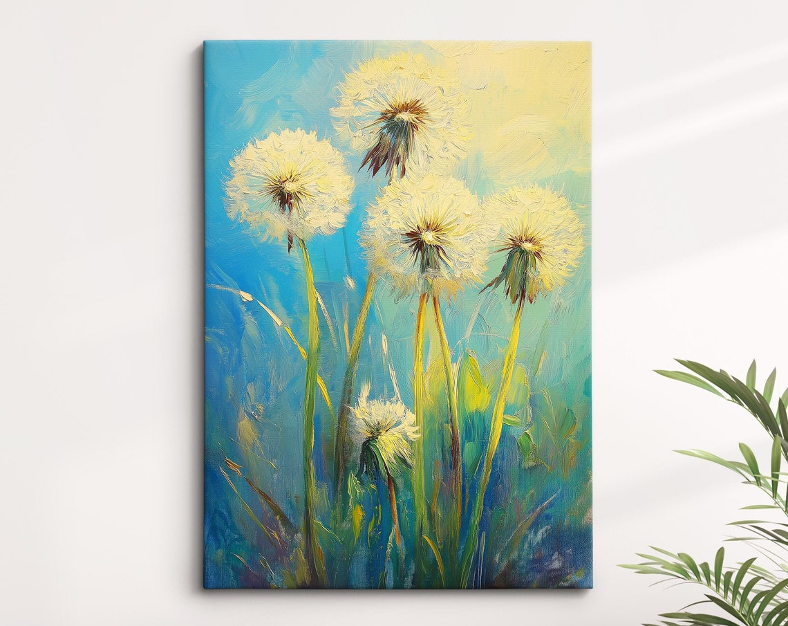 Dandelion Seed Heads Bright Blue Meadow Floral Oil Painting Poster