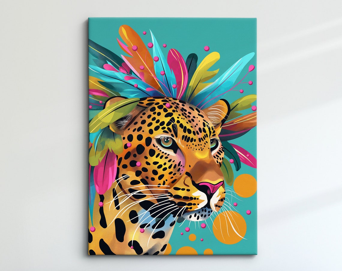Leopard Profile Portrait With Feather Headdress Teal Art Poster