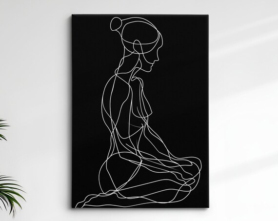 Seated Woman Profile White Line On Black Minimalist Dramatic Feminine Wall Art Print