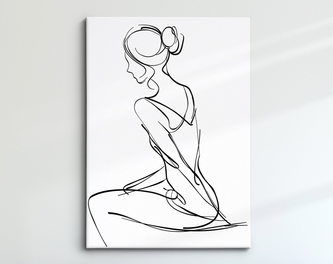 Minimalist Woman Line Art Seated Figure Black Drawing Feminine Art Print