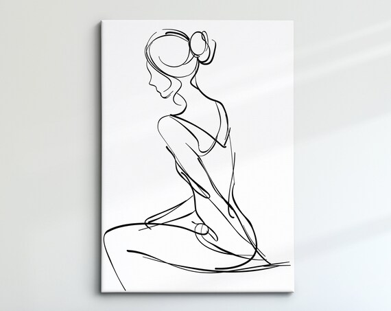 Minimalist Woman Line Art Seated Figure Black Drawing Feminine Art Print