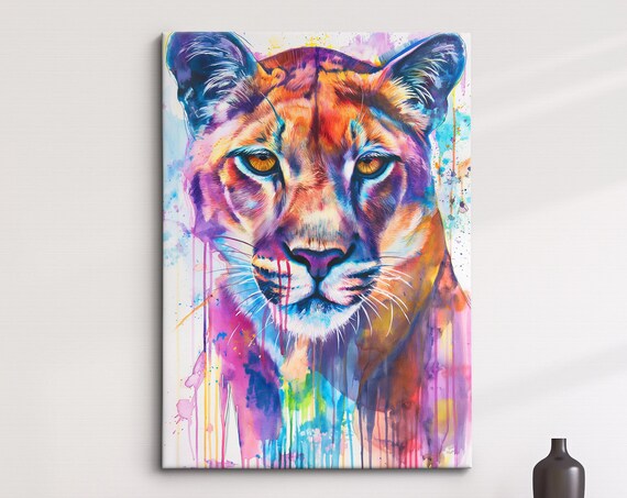 Colorful Watercolor Lioness Portrait Paint Splatter Wildlife Art Poster