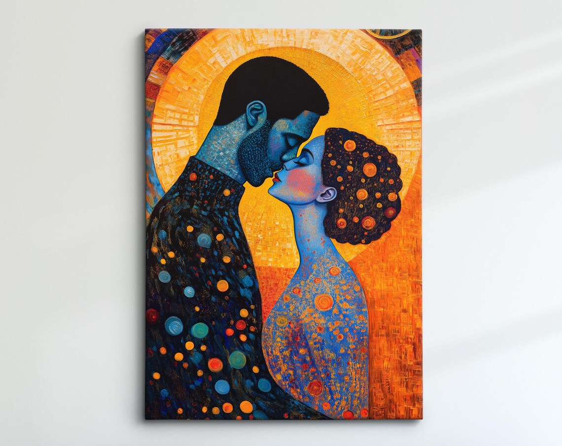 Romantic Couple Kiss Golden Mosaic Art Nouveau Style Wall Art Print