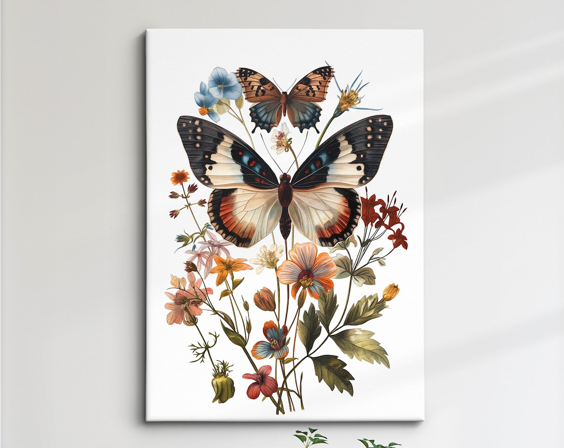 Vintage Botanical Butterflies With Wildflowers White Art Poster