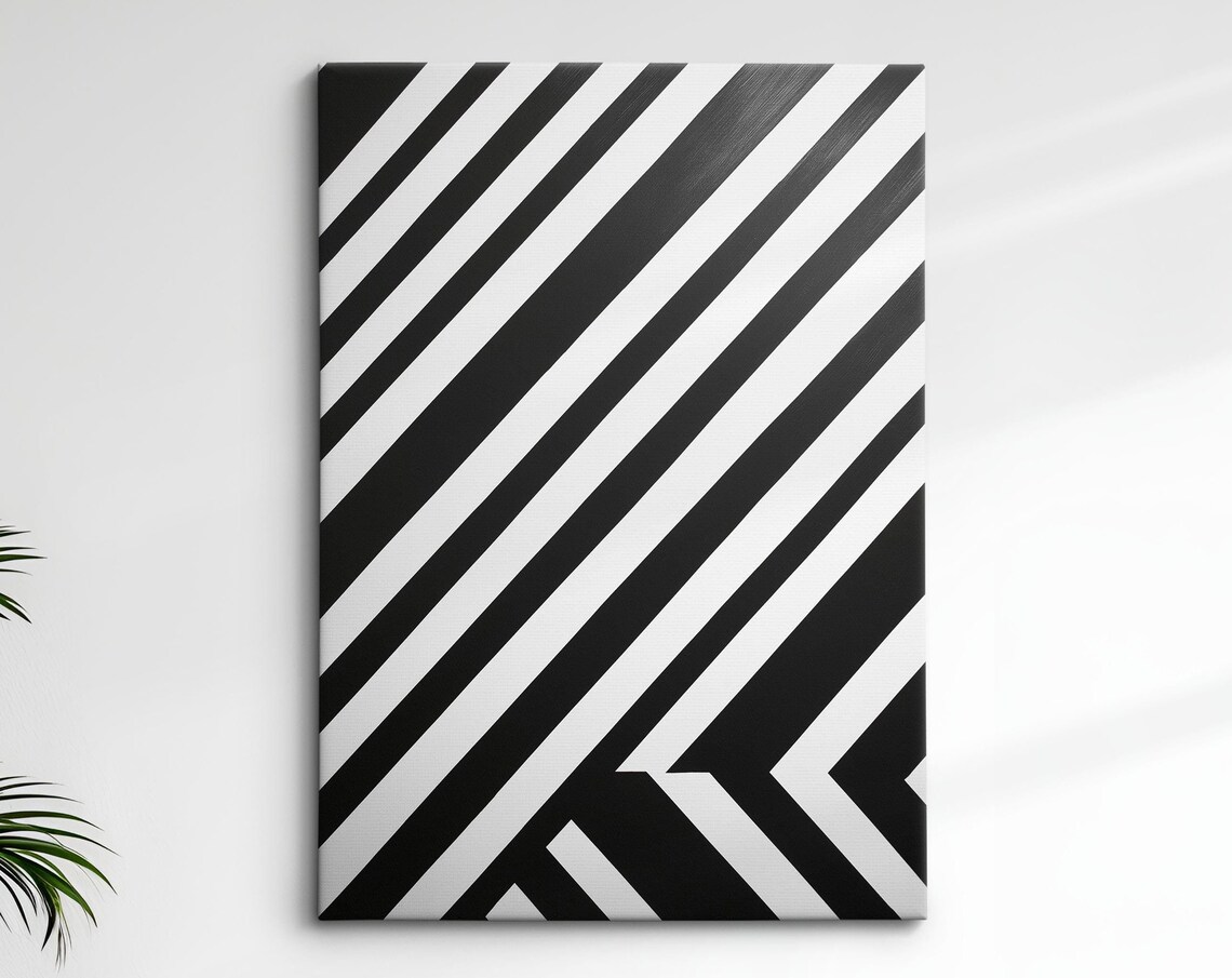 Black And White Geometric Diagonal Lines Abstract Wall Art Print