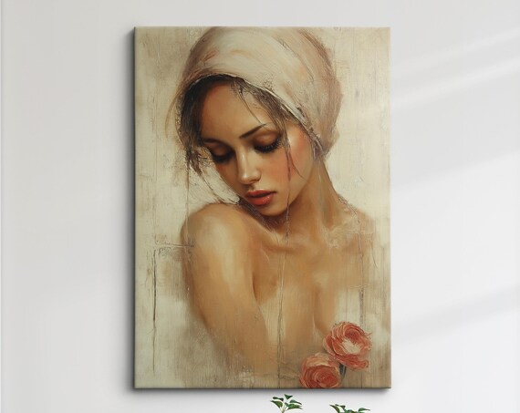 Serene Woman Portrait Art Elegant African Beauty Bohemian Wall Decor Rustic Home Art Print Neutral Tones Woman Oil Painting