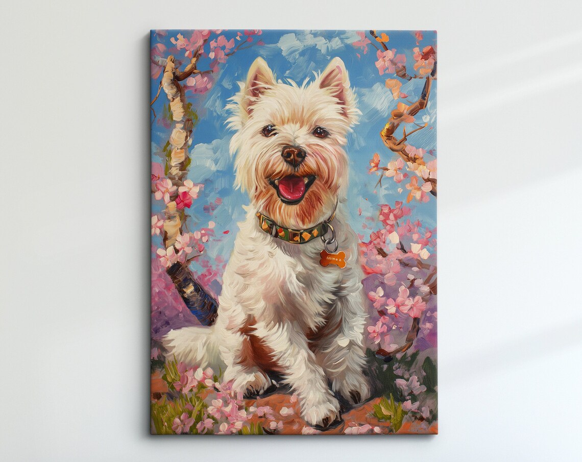 Smiling Westie With Bone Collar Tag In Blossom Branches Sky Art Poster
