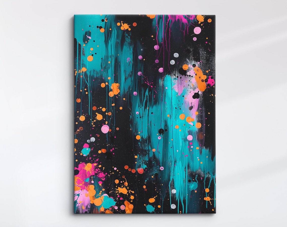 Abstract Splatter Paint Teal Orange Black Modern Colorful Art Print