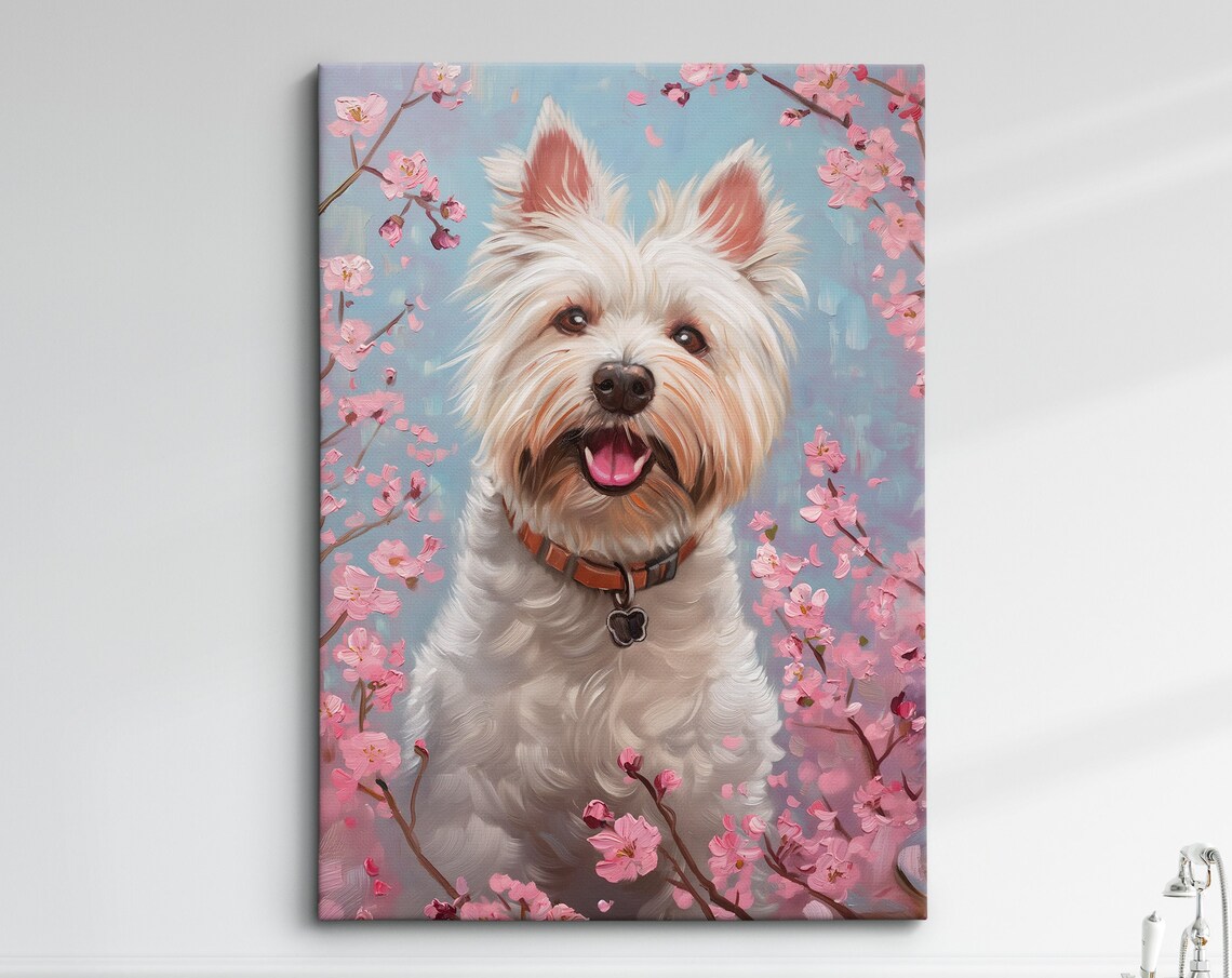 Happy Westie With Orange Collar In Pink Blossoms Blue Sky Poster