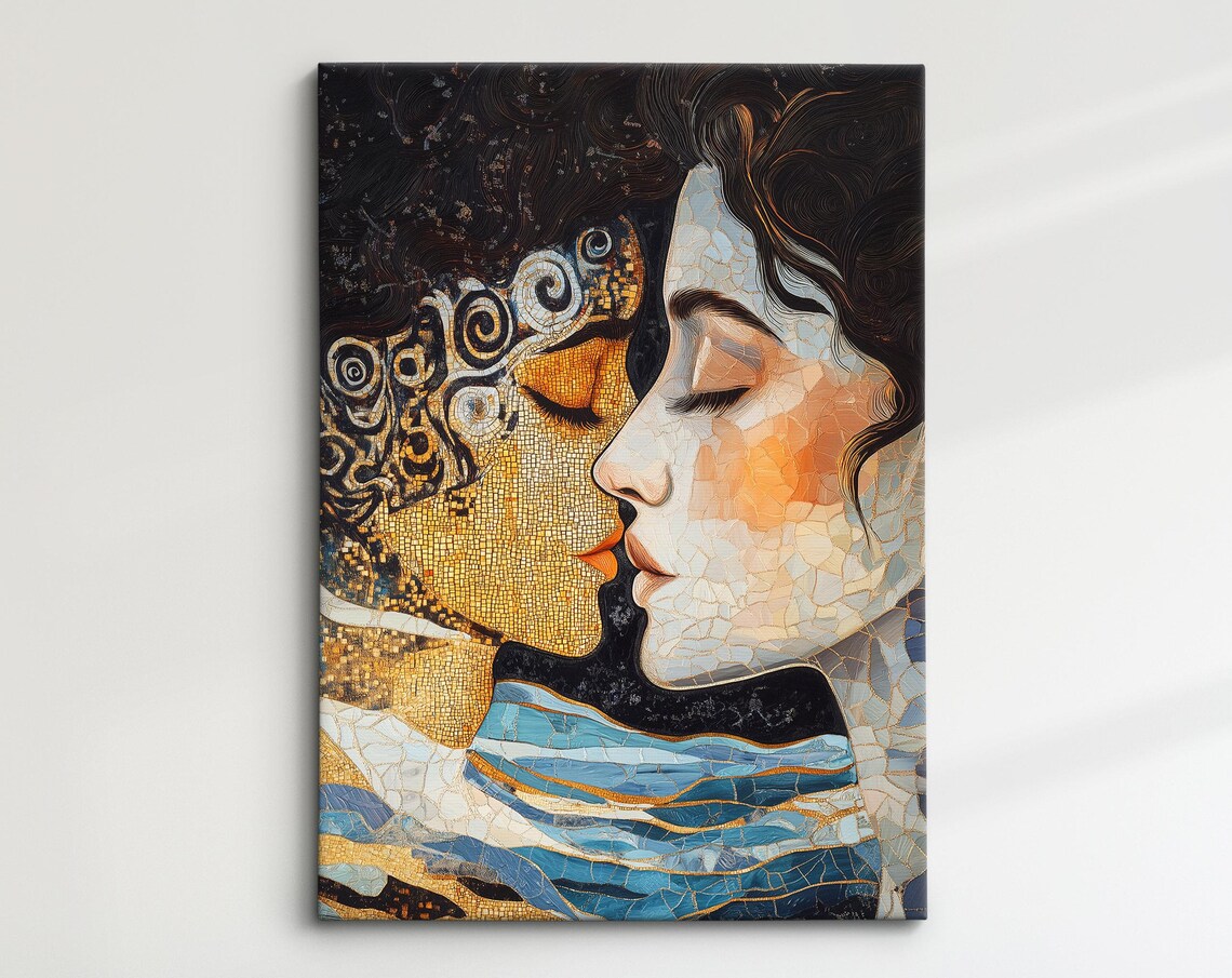 Golden Mosaic Couple Faces Art Nouveau Romantic Embrace Wall Art Print