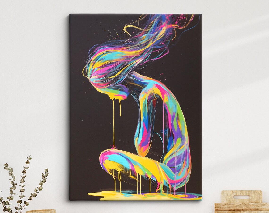 Abstract Neon Paint Woman Figure Flowing Colors Black Art Poster