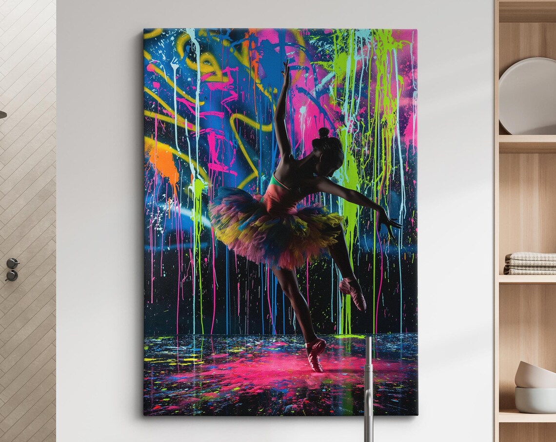 Ballerina Leap Rainbow Tutu Neon Graffiti Splatter Dance Wall Art Poster
