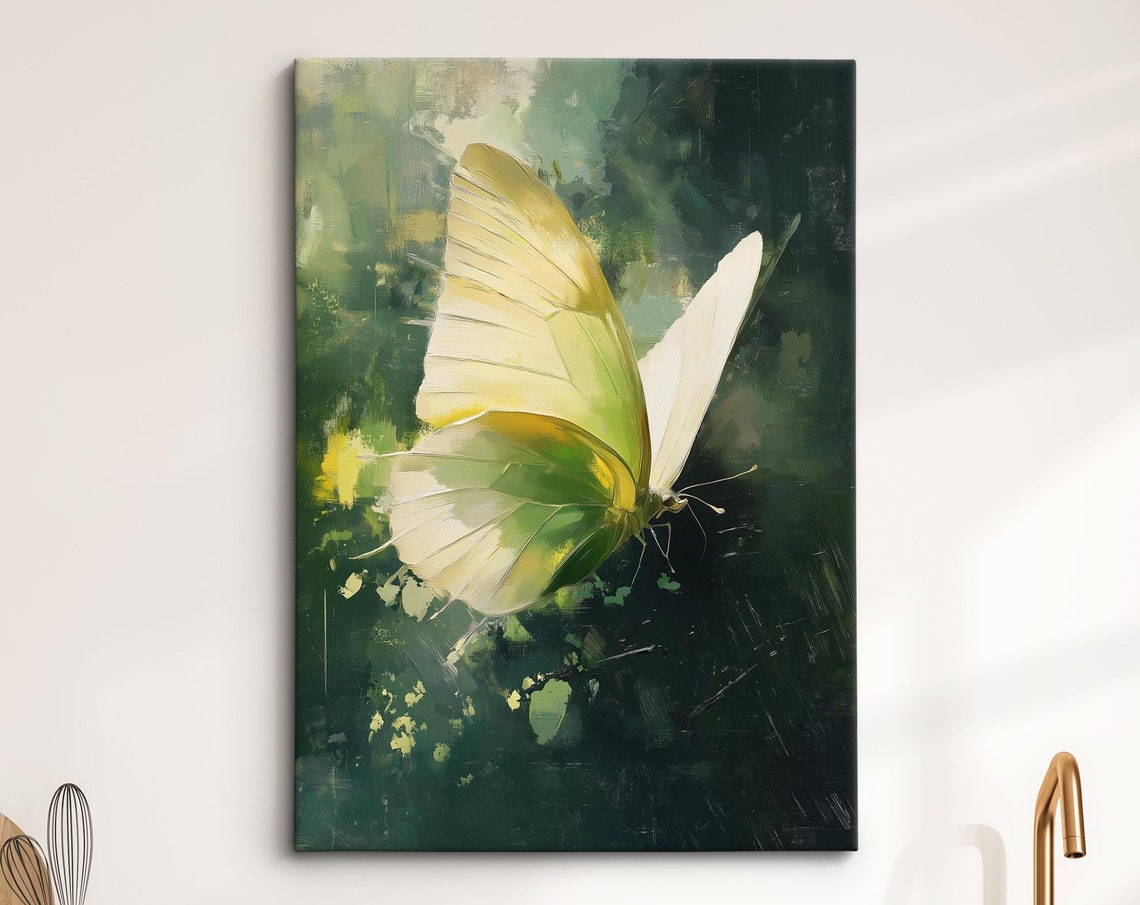 White Green Butterfly Dark Forest Background Moody Nature Poster