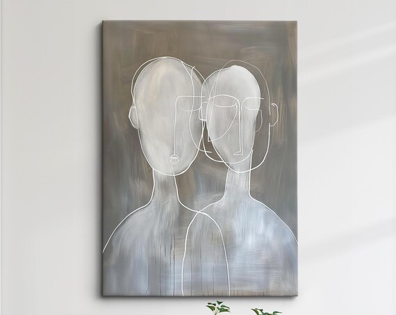 Two Abstract Faces Minimalist Line Art Couple Modern Gray Wall Poster