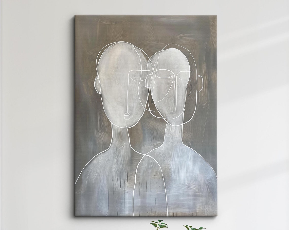 Two Abstract Faces Minimalist Line Art Couple Modern Gray Wall Poster