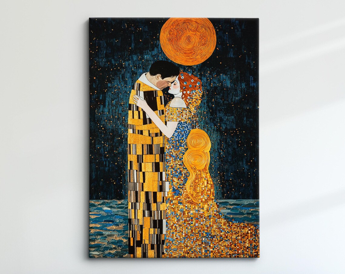 Golden Couple Embrace Klimt Inspired Mosaic Kiss Moonlight Art Poster
