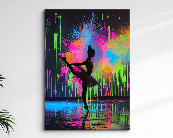 Vibrant Ballerina Art Neon Dance Painting Colorful Ballet Wall Decor Modern Dance Artwork Splatter Paint Style Artistic Decor
