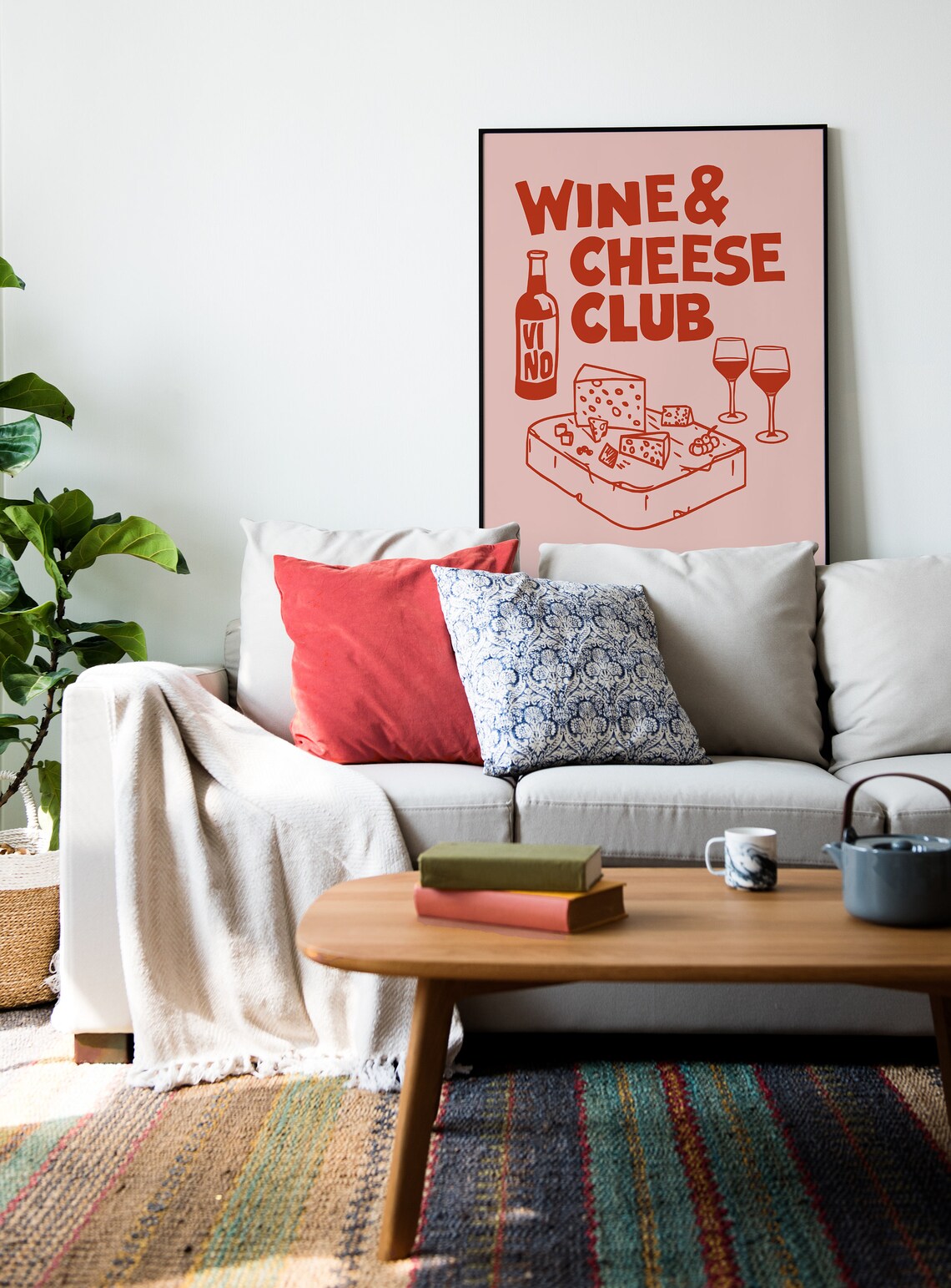 Wine Cheese Club Red On Pink Retro Kitchen Illustration Bar Decor Poster - Image 2