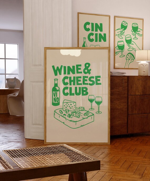 Green Wine and Cheese Club Retro Hand Drawn Kitchen Art Print