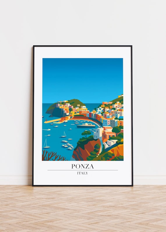 Ponza Italy Coastal Harbor Town Colorful Travel Illustration Poster
