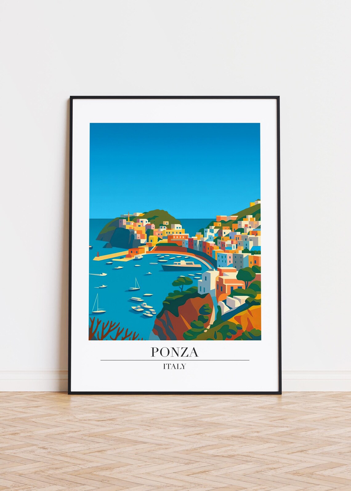 Ponza Italy Coastal Harbor Town Colorful Travel Illustration Poster