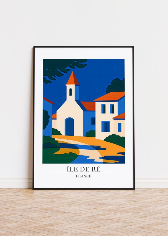 Ile de Re France Night Village Travel Poster Church Tower Coastal Art