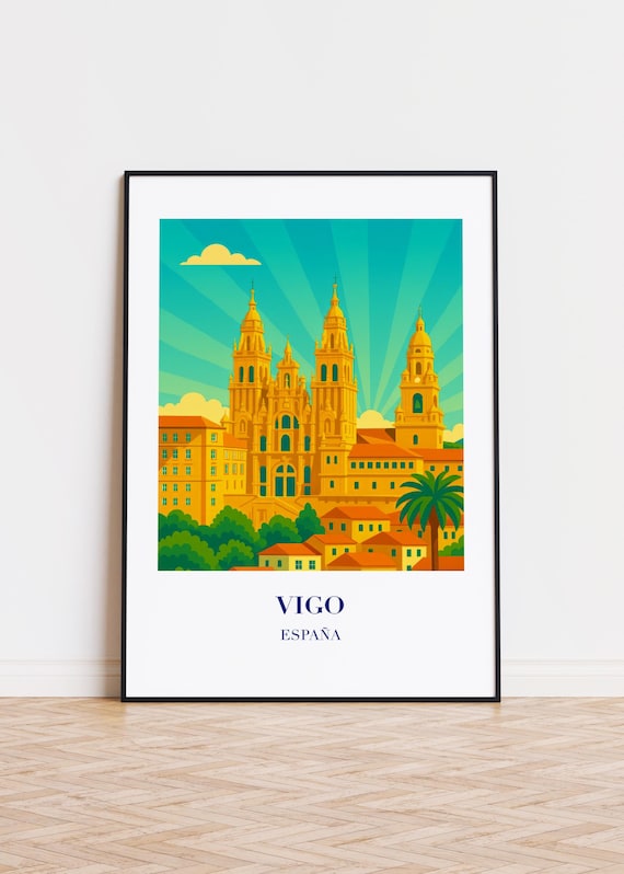Vigo España Golden Baroque Cathedral Twin Towers Travel Poster