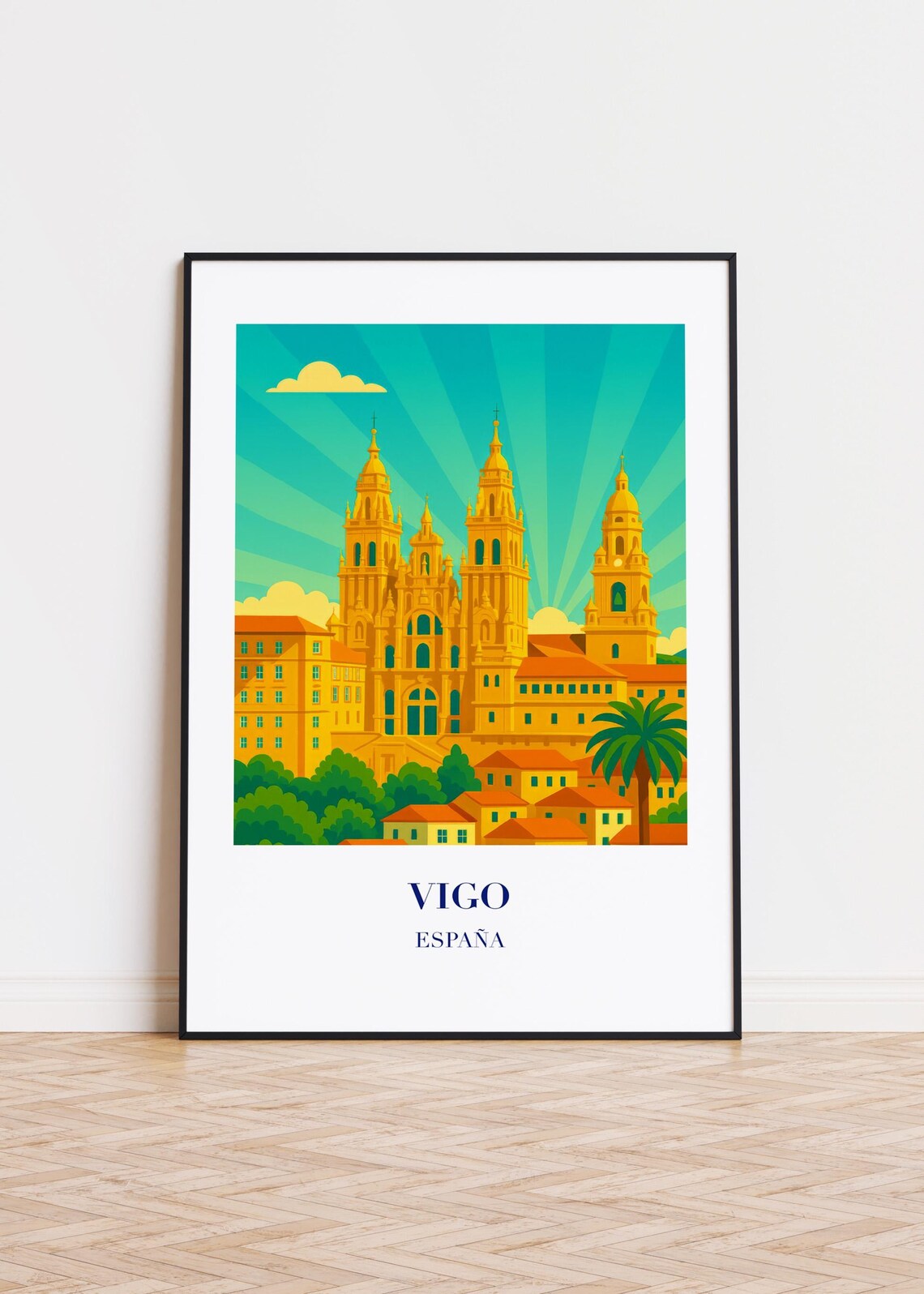 Vigo España Golden Baroque Cathedral Twin Towers Travel Poster
