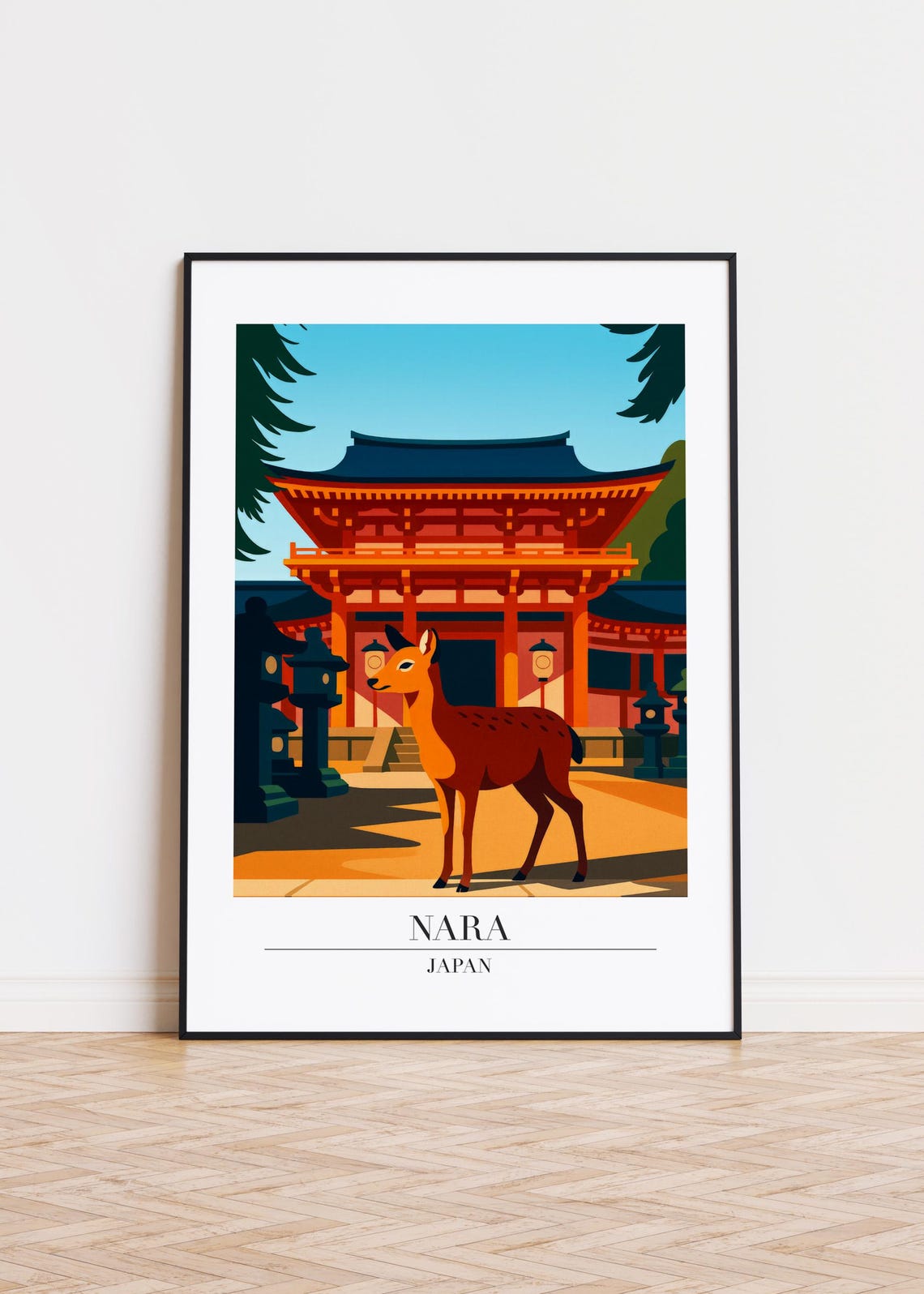 Nara Japan Red Shrine Gate and Deer Illustration Travel Poster