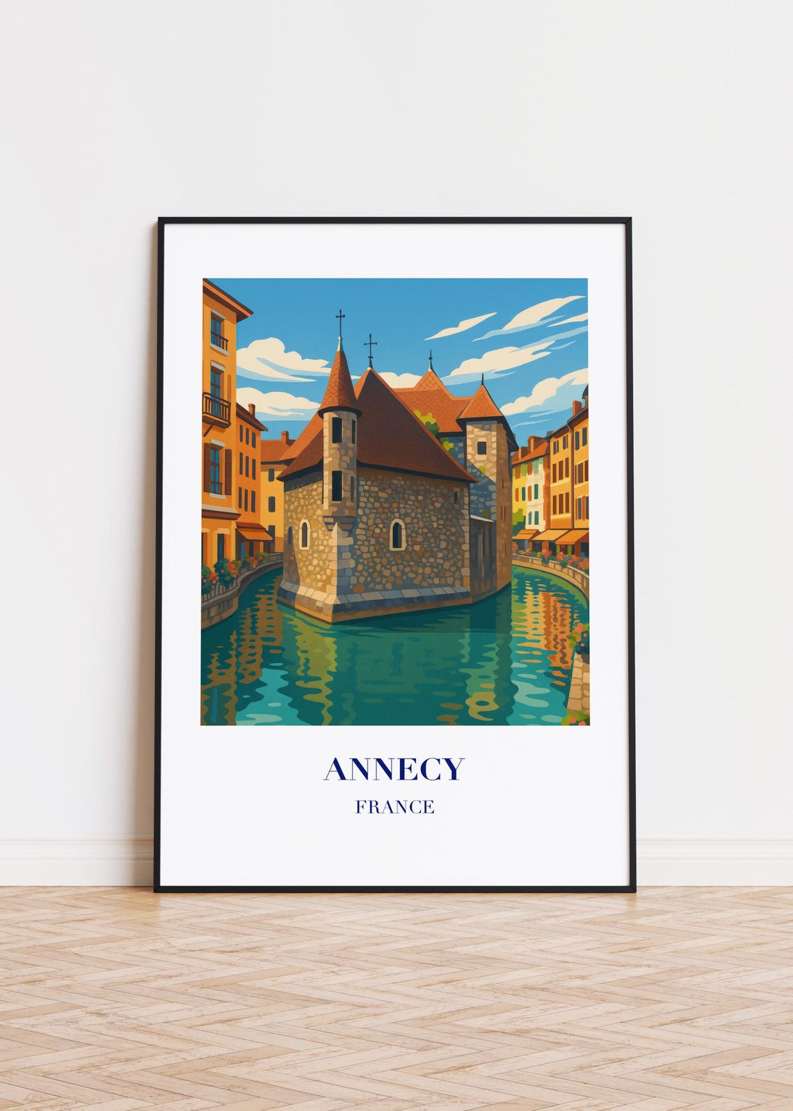 Annecy France Canal Stone Castle Reflection Retro Travel Poster