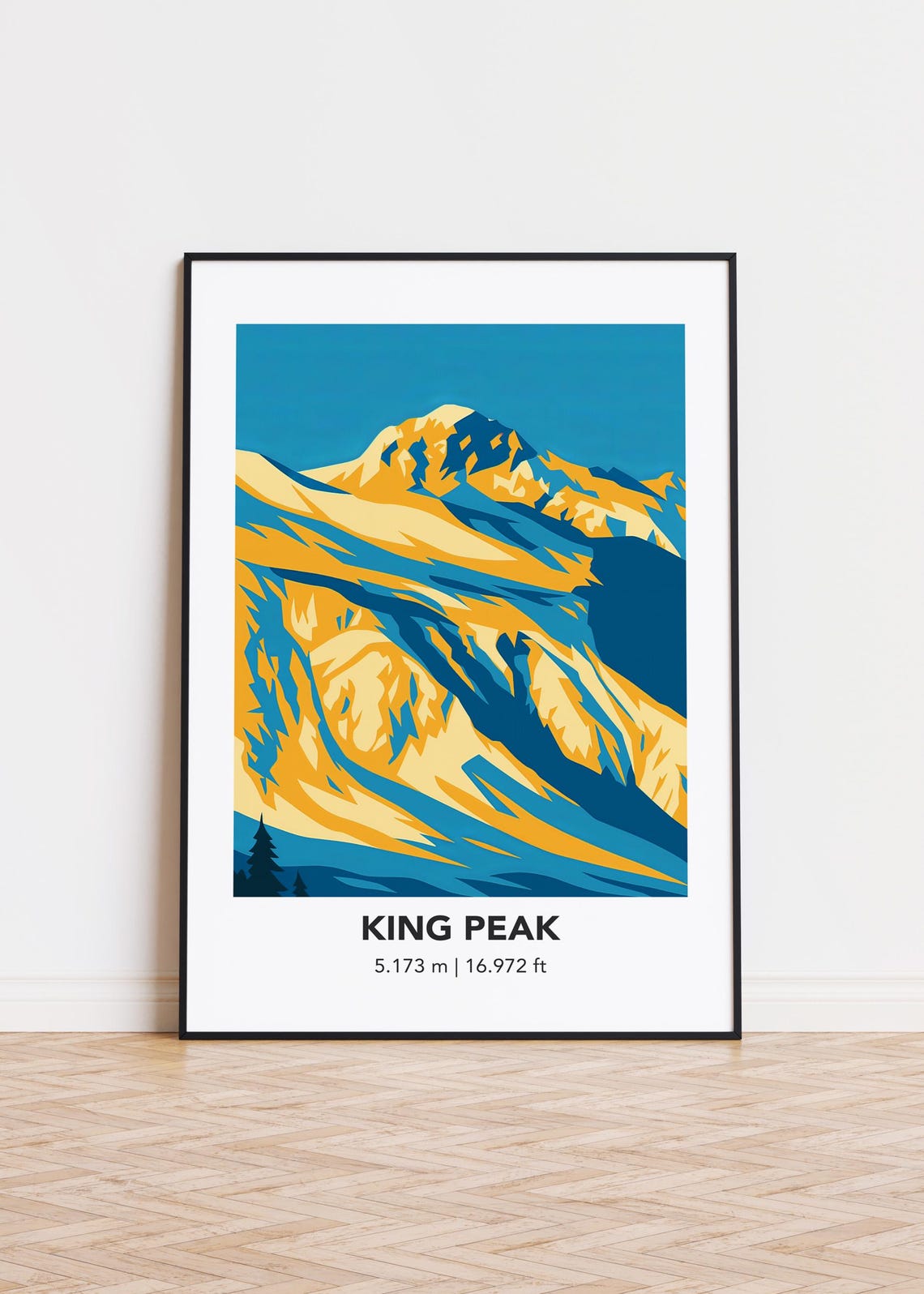 King Peak Mountain Illustration 5173m Gold and Blue Summit Art Poster