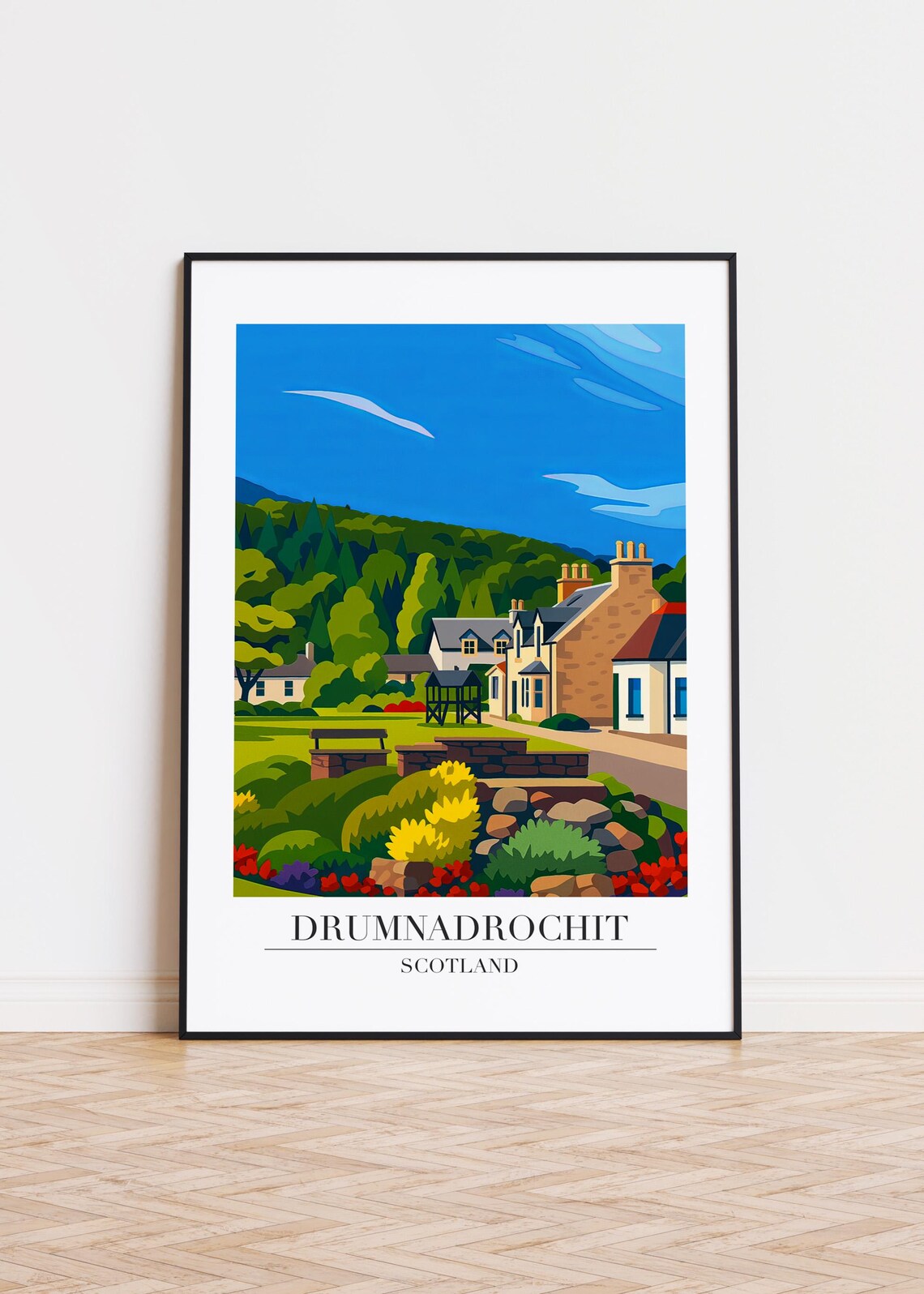 Drumnadrochit Scotland Travel Poster With Highland Village Cottages Scene