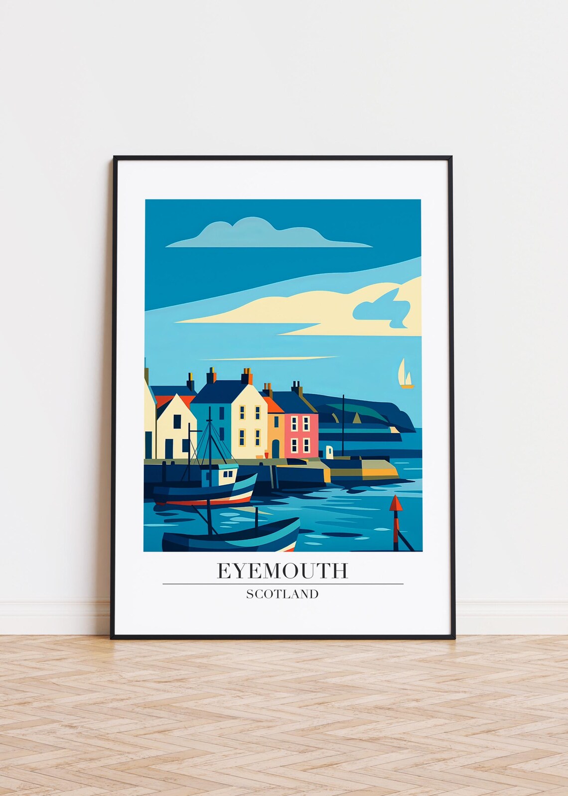 Eyemouth Scotland Blue Fishing Harbor Coastal Travel Art Poster