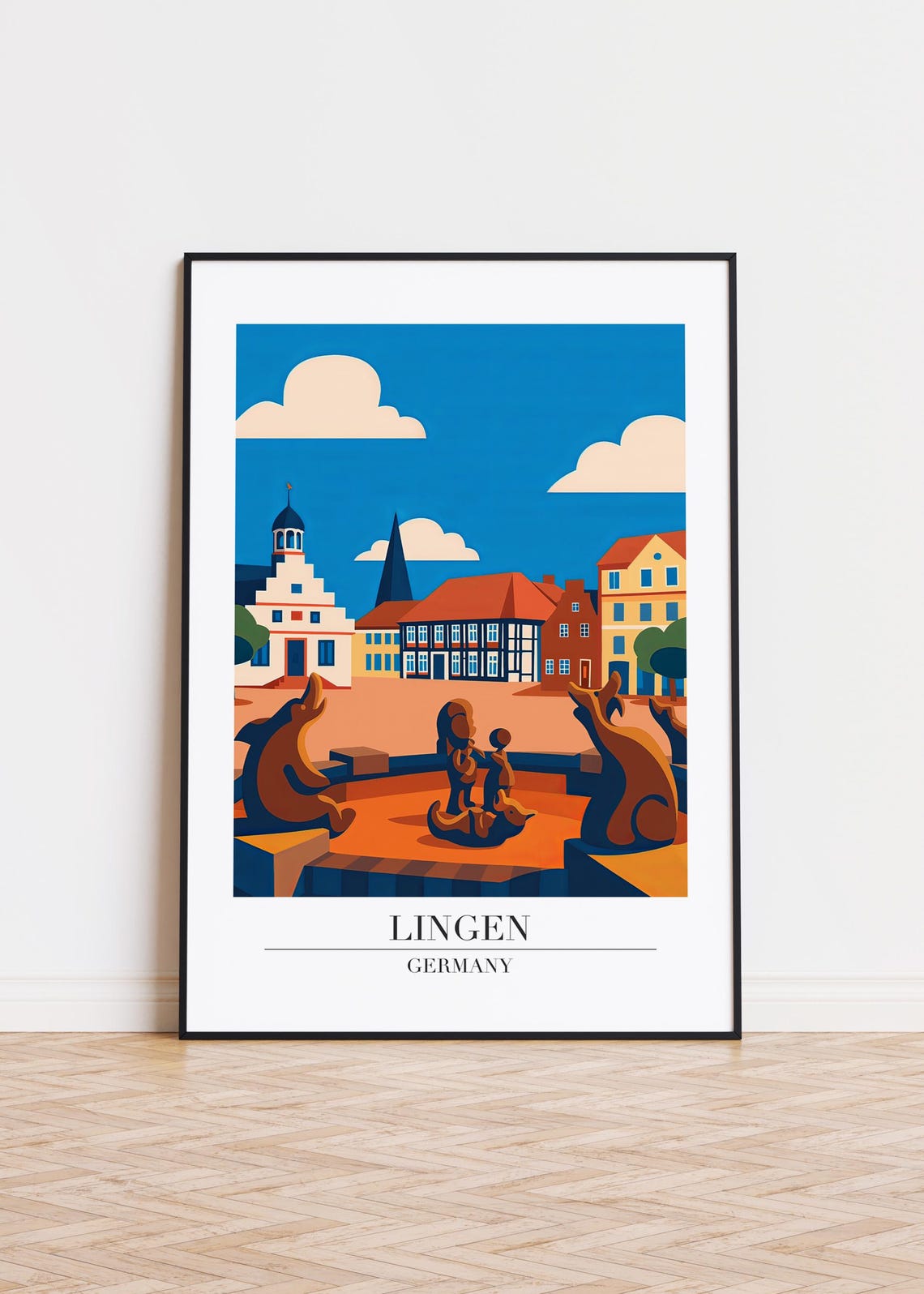 Lingen Germany Market Square Fountain Colorful Travel Poster