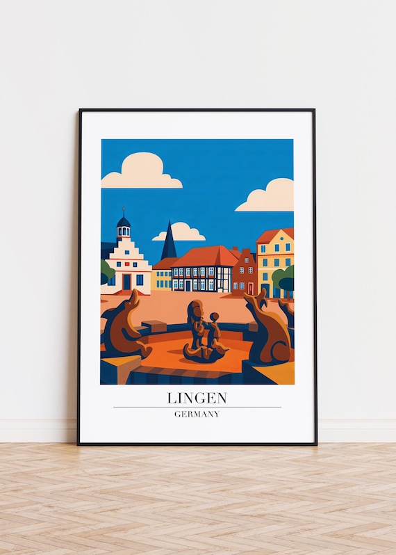 Lingen Germany Market Square Fountain Colorful Travel Poster