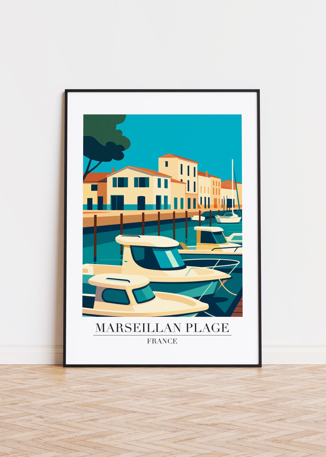 Marseillan Plage France Harbor Boats Retro Coastal Travel Poster