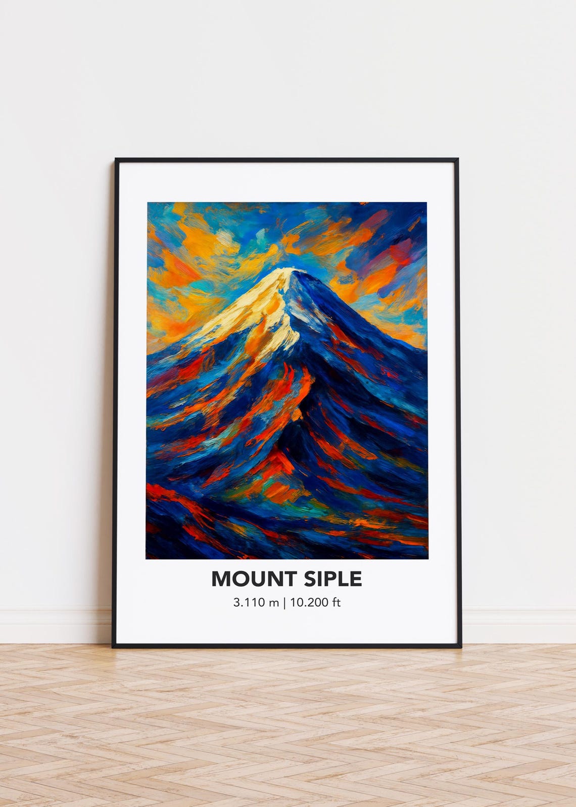 Mount Siple Snowcapped Peak Fiery Sky Impressionist Art Print