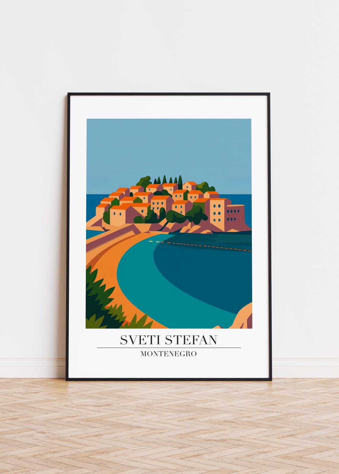 Sveti Stefan Montenegro Island Cypress Trees Retro Travel Poster