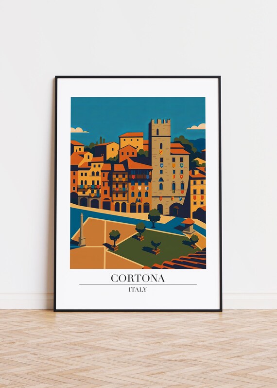 Cortona Italy Medieval Tower Piazza Retro Travel Illustration Poster