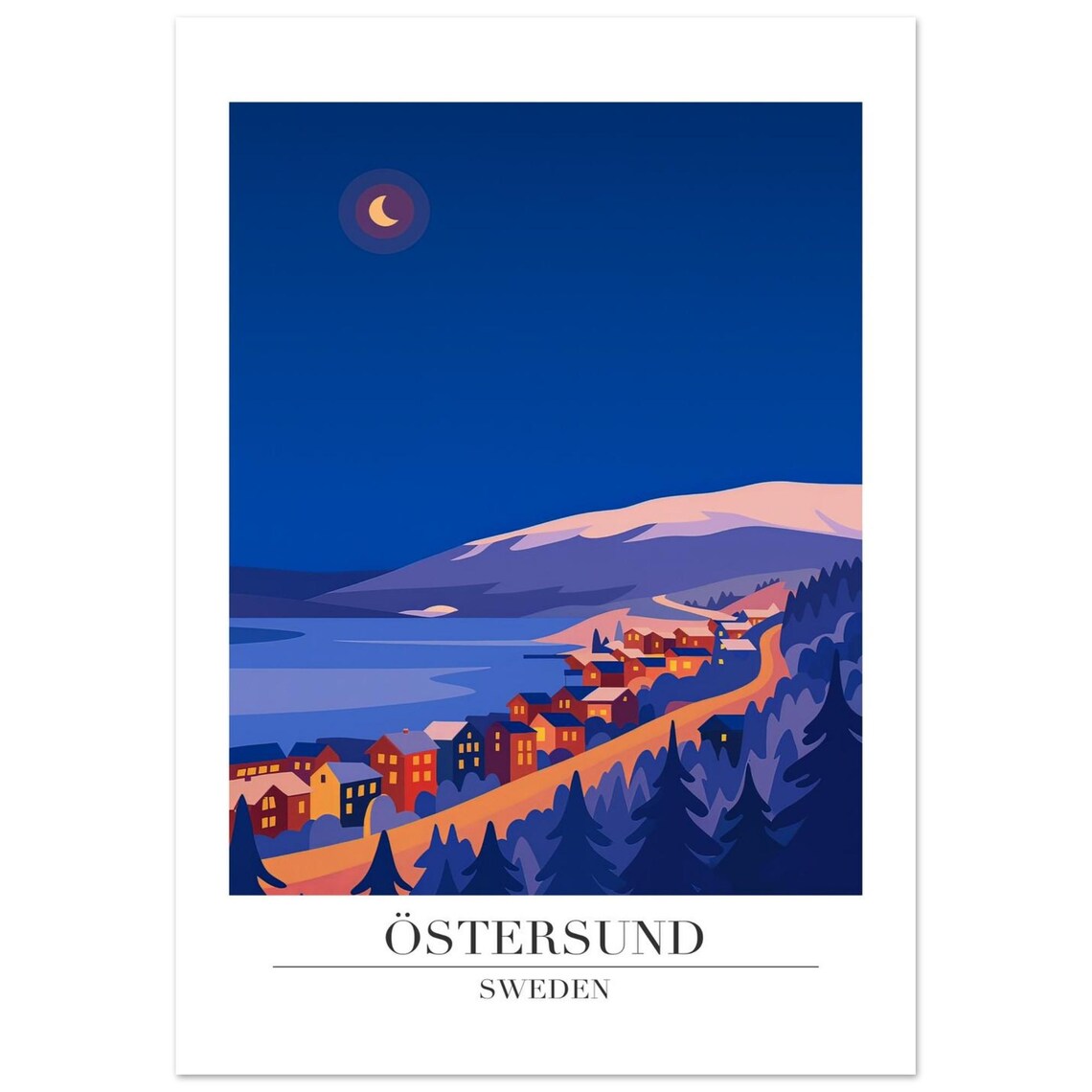 Ostersund Sweden Night Moon City Travel Illustration Art Poster