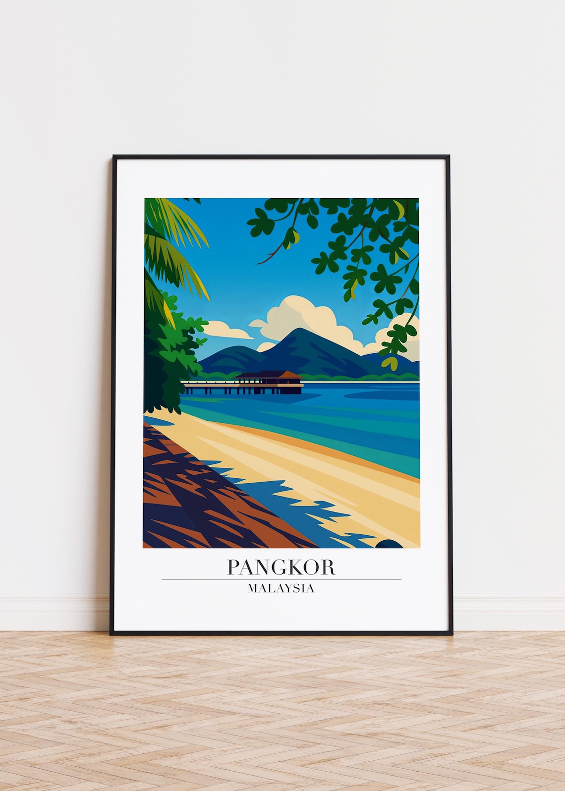 Pangkor Malaysia Beach Pier Mountains Tropical Travel Poster