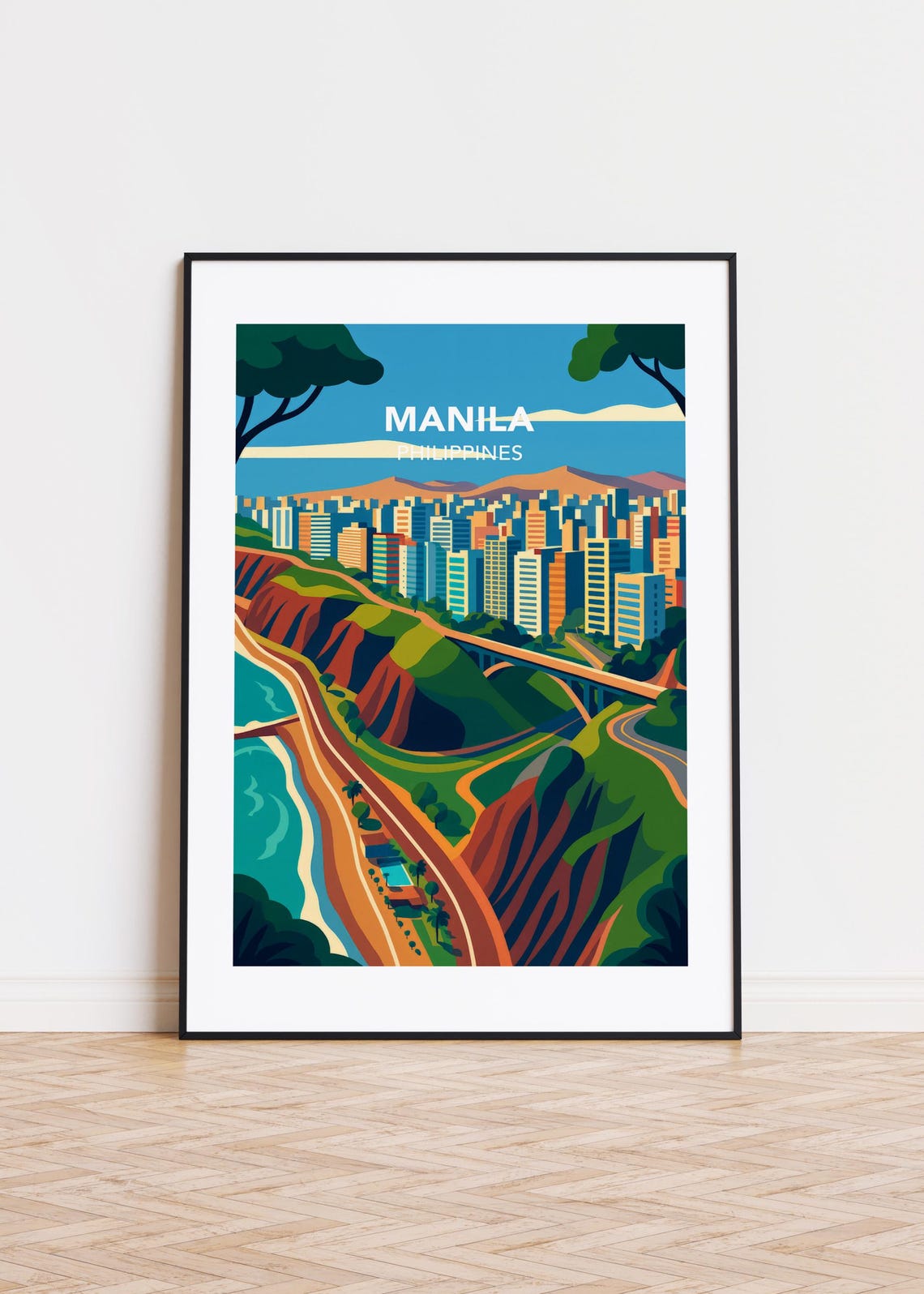 Manila Philippines Coastal City Skyline Hills Illustration Poster