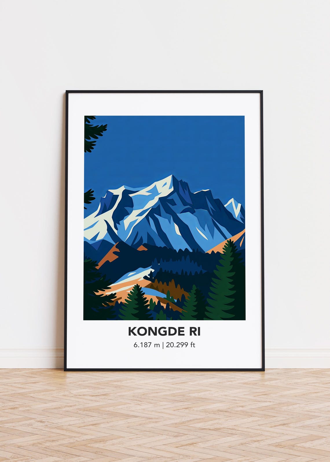 Kongde Ri Snowy Summit Pine Forest Alpine Minimalist Travel Poster