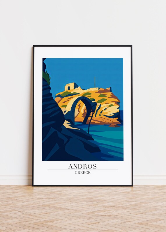 Andros Greece Stone Sea Arch Fortress Rocky Islet Coastal Poster