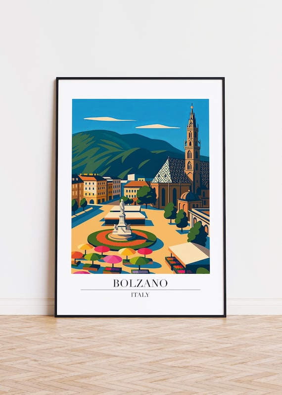 Bolzano Italy Piazza Market Umbrellas Retro Travel Illustration Poster